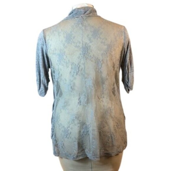 Lightweight Gray Open-Front Cardigan w/ Lace Back & Ruched Pockets - Picture 2 of 5